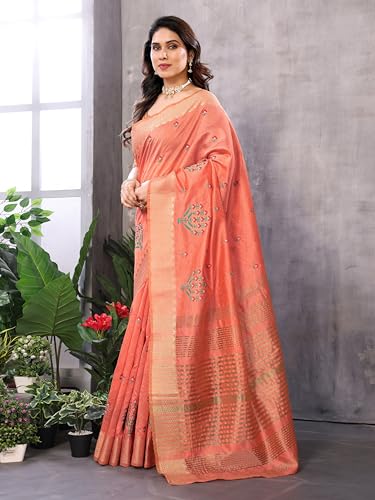Image of StyleScope Women's Assam Cotton Silk Golden Boarder Thread Embroidered Saree With Unstitched Blouse Piece (Ulajh)