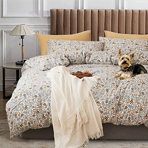 HANDONTIME Blue Floral Jersey Knit Duvet Covers Queen Botanical Flower White Bedding Set Colorful Tiny Orange Flower Comforter Sets Chic for Women Girls with Zipper Closure Boho Aesthetic Style, 3PC