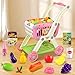 Kids Shopping Cart - 2 in 1 Toy Shopping Cart with Play Food Fruit Vegetable Dessert and Shop Accessories, 72pcs Pretend Play Grocery Store Toy Kitchen Game Trolley Play Set for Kids (Pink)