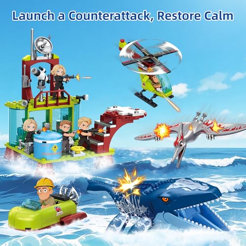 Image of Ocean Explorer Mosasaurus Dinosaur Building Set Compatible with Dinosaur Park World, Include Mosasaurus, Pterosaur, Boat, Helicopter, Research Station, Dino Toys Gift for Kids Boys Age 6-12