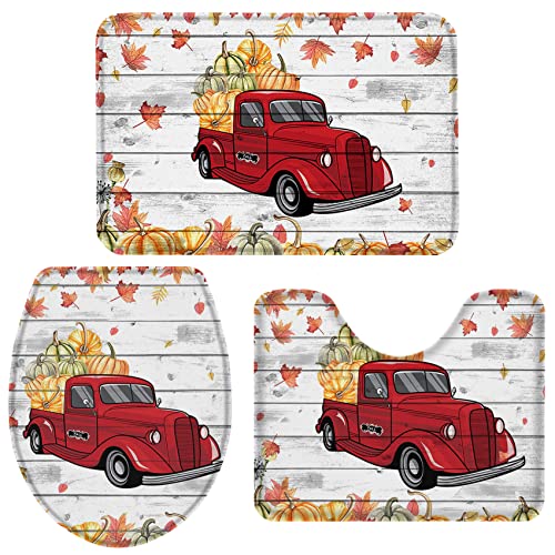 3-teiliges Badteppich-Sets, LKW-Herbst-Ahornblatt-Teppich, rutschfest, aus Holz, wasserabsorbierend, U-förmig, WC-Deckelbezug