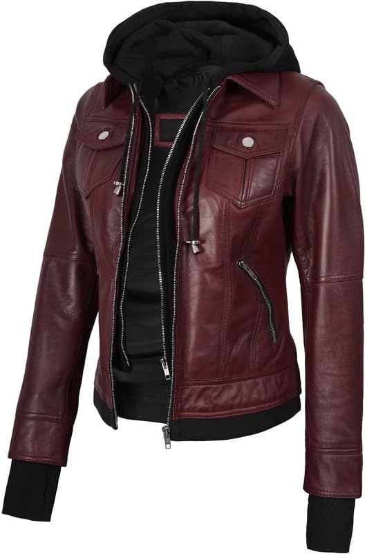 Decrum Hooded Leather Jacket for Women Winter Fashion Bomber Leather Jacket