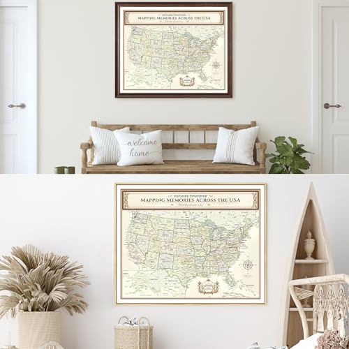 Image of DECORARTS - Personalized Push Pin Travel Map USA, Custom Name, Pin Board Canvas Wall Art, Colorful Classic United States Decor, Optional Wood Frame, Giclee Print, Handcrafted in USA, 30x24''