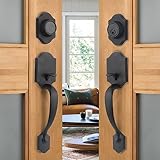 NeuType Front Door Handle Set Matte Black Double Door Handle Set with Dummy Heavy Duty Double Door Lock Set, with Single Cylinder Deadbolt and Lever Handle, Compatible with Right & Left Handed Doors