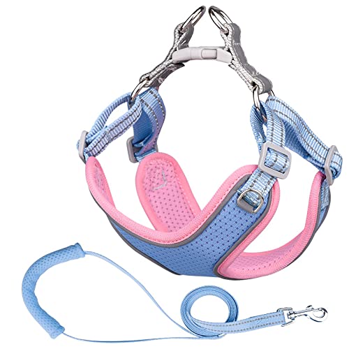 Step-in Flex Dog Harness and Reflective Dog Leash Combo Set with Neoprene Handle 6ft Long, – Supports Small to Medium Breeds (Small, Pink and Blue)