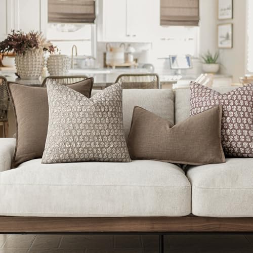 Image of Foindtower Set of 2 Decorative Neutral Floral Print Throw Pillow Covers Vintage Accent Farmhouse Cushion Covers Boho Home Decor for Sofa Couch Chair Bedroom Living Room,20x20 Inch,Tan Taupe