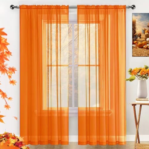 SpaceDresser Basic Rod Pocket Sheer Voile Window Curtain Panels Orange 2 Panels 52 Width 84 Inch Long for Kitchen Bedroom Children Living Room Yard(Orange 52 W x 84 L)