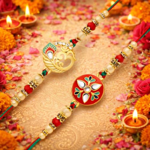 Image of Riddhika Ventures Glorious Gold Plated Auspicious Diamond Ring Rakhi (Set of 2) with Roli Chawal and Greeting Card