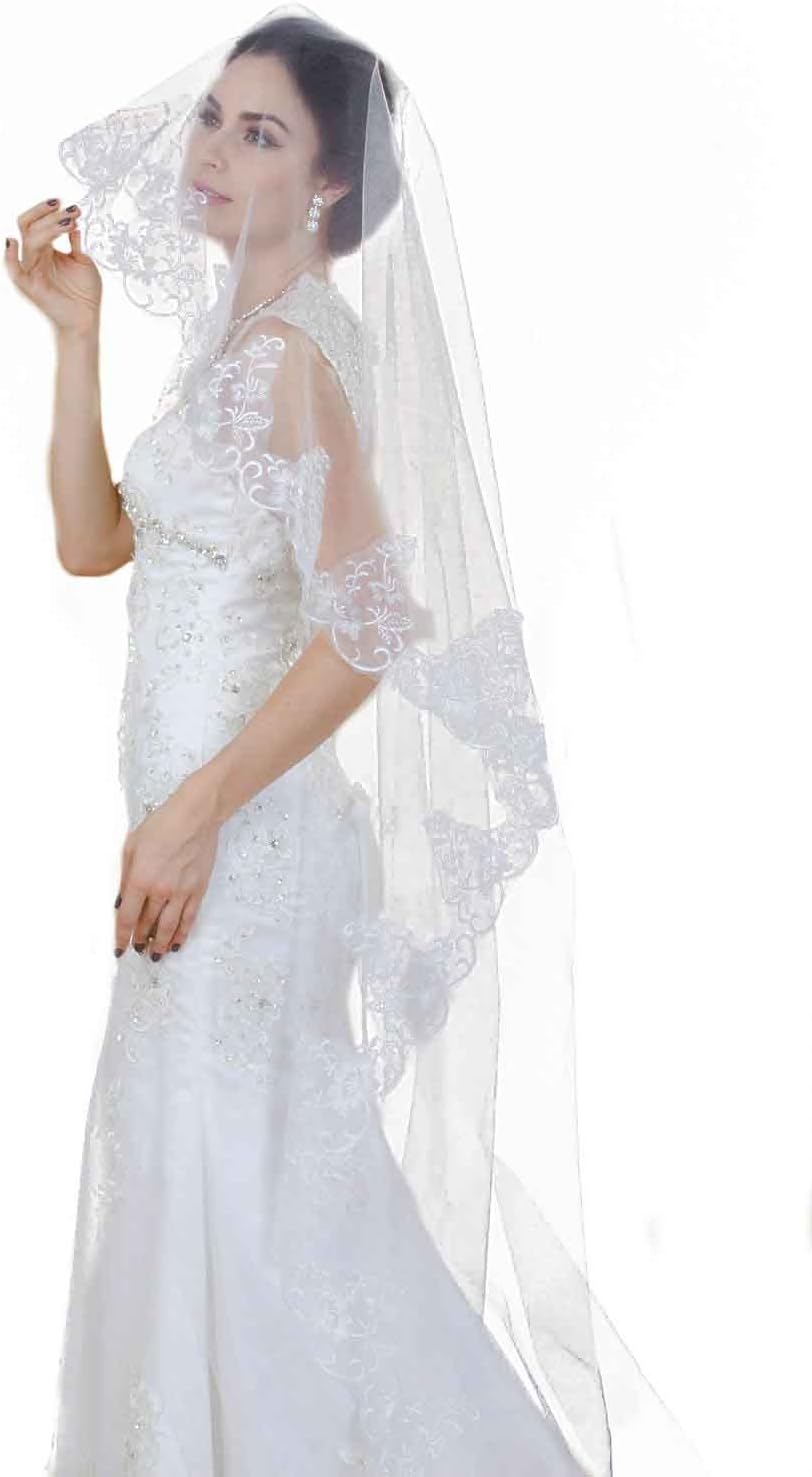Luxury One-tier White/Ivory Cathedral Lace Paillette 16.5 Feet Wedding Veil With No Comb For Bridal Gown