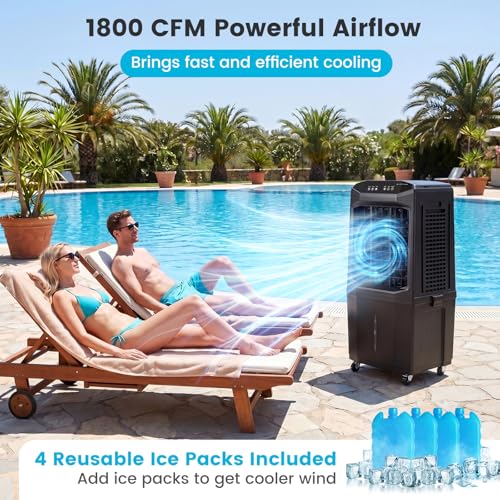 KOTEK 7 Gal Evaporative Air Cooler, 1800 CFM Windowless Portable Swamp Cooler Air Conditioner with 3 Speeds 4 Ice Boxes 12H Timer Remote, Oscillating Cooling Fan for Room Home Gara image 2