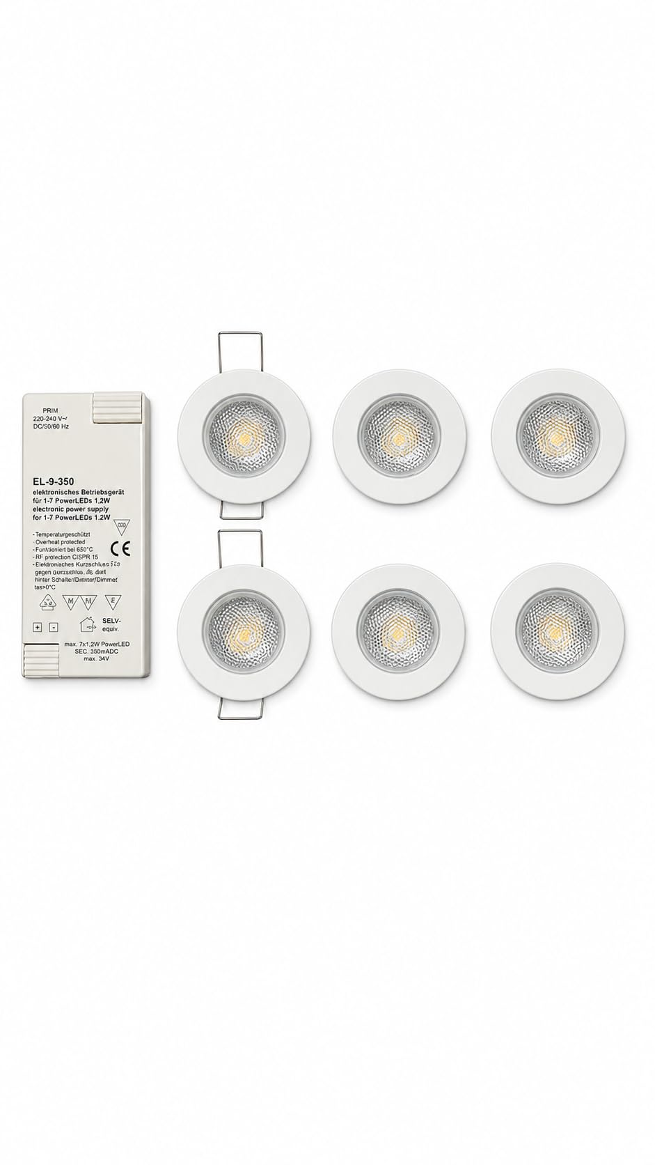 Generico Set di 6 Mini Faretti LED da Incasso, 1,2W per Spot, Luce Bianca Calda, Foro 40 mm, Driver EL-9-350 Incluso, Collegabili, Basso Consumo, Made in Germany