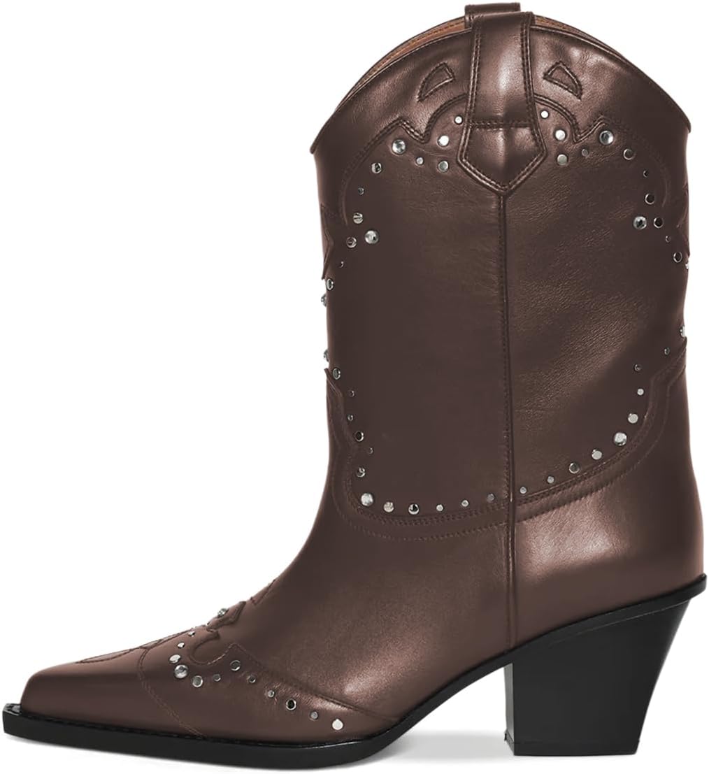 YDN Women Retro Closed Pointed Toe Pull On Western Boots Rhinestones Studded Mid Thick Heel Booties Vacation Party Daily Shoes Size 4-16 US