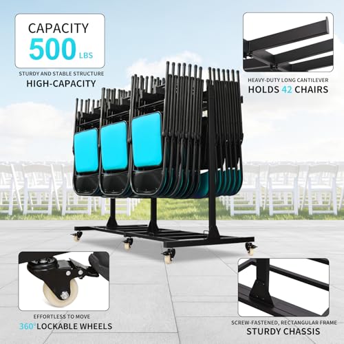 Image of Folding Chair Cart Holds 42 Chairs, 500-lb Capacity Heavy-Duty Folding Chair Rack with Locking Rubber Wheels for Churches, Banquets, and Weddings