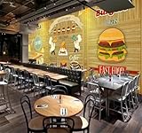 XLMING Dibujado A Mano Hamburguesa Pizza Café Vetas De Madera 3D Papel Pintado Lujo Casa Sala Decoración Estar Comedor Sofá Dormitorio TV Fondo de Pared-350cm×256cm