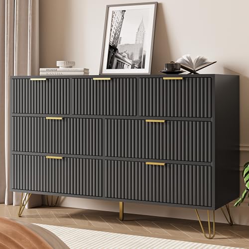 Black Dresser for Bedroom, 7 Drawer Dresser with Gold Pulls, Wide Chest of Drawers for Bedroom, Entryway, 47.2″ L x 15.7″ D x 31.4″ H