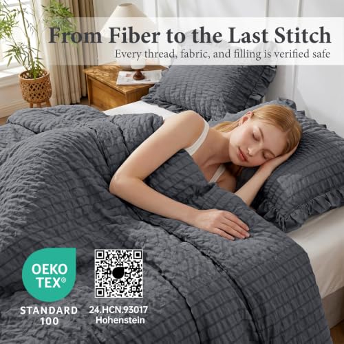 Image of JOLLYVOGUE Dark Grey Twin /Twin XL Comforter Set,3pcs Seersucker Bed Set | OEKO-TEX Certified, All Season, Down Alternative Fill, Lightweight Bedding Set with Ruffle Comforter & Pillowshams, Easy Care