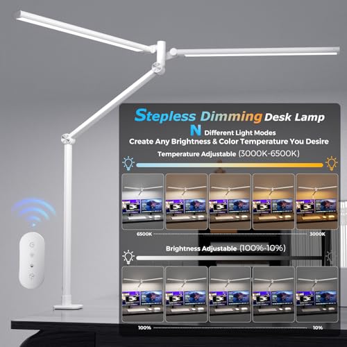 Image of Airlonv LED Desk Lamp, Double Swing Arm Wide Lighting Area Desk Lamps for Home Office with Stepless Dimming, Eye-Caring Architect Desk Light with Clamp for Reading, Study, Workbench, Drafting(White)