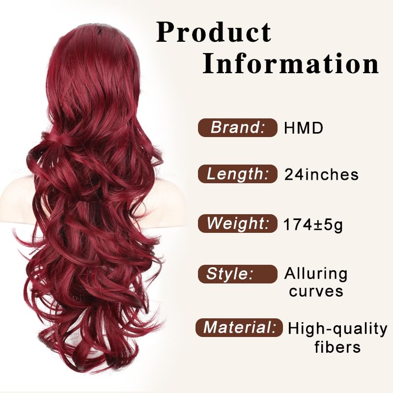 HMD Long Wavy Ponytail Extension 24 Inch Curly Drawstring Ponytail Synthetic Hairpiece for Women Fluffy Natural Looking Hair for Daily Party