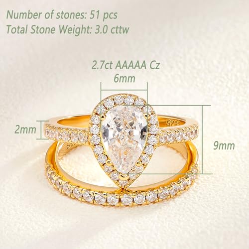 Wuziwen 3Ct Pear Cut Wedding Band Bridal Ring Set for Women Engagement Gold Ring 925 Sterling Silver AAAAA CZ3