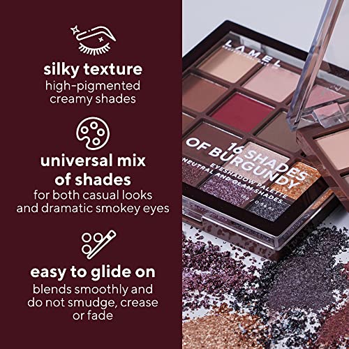 Lamel 16 Shades Of Burgundy Eyeshadow Palette - Brown Shine Shimmery & Warm Matte Neutrals Nude Tones, Organic, Blendable, Long Lasting, Waterproof, High Pigmented Professional Makeup, №16-4. (Burgundy) #TOP3