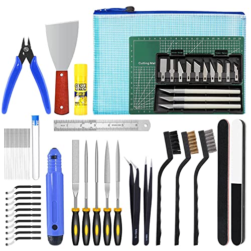 52 Pieces 3D Printer Tool Kit with Deburring Tool Machinist Tools for Resin 3D Printing Includes Needle Files, Blades, Cleaning Needles, Tweezers, Pliers, Cutting Mat and Storage Bag