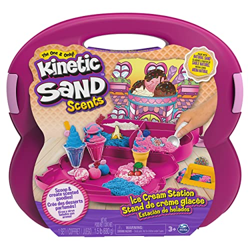 Kinetic Sand Scents Suitcase - Juego de heladería con aroma de arena cinética y accesorios, color blanco, rosa y azul