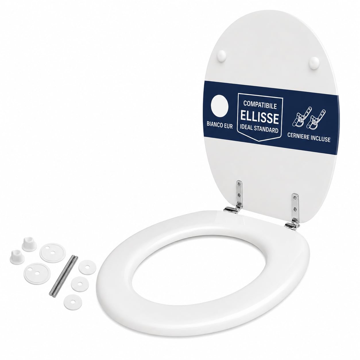 Hydro Home Copriwater Compatibile Ellisse Ideal Standard Bianco EUR, Sedile WC in MDF Verniciato, Tavoletta Water con Cerniere in Metallo e Fissaggio dal Basso