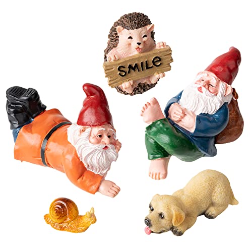 Figura de enanos de jardín en miniatura, kit de fiesta de vacaciones, 5 unidades, aprox. 2,5-6 cm de alto, estatua de personas y animales para jardín en miniatura, estantería de libros Cover