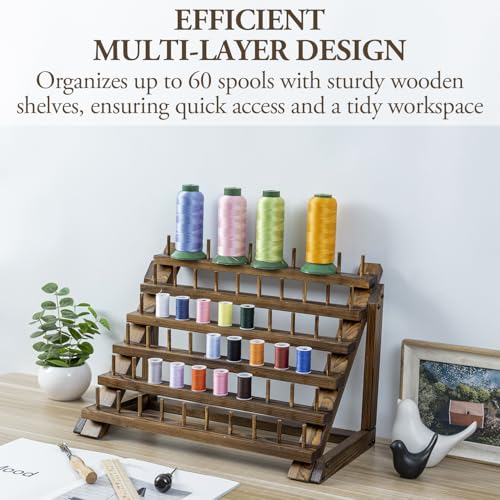 Image of MyGift Thread Rack, 60 Spools Rack, Wooden Thread Holders for Spools of Thread, Embroidery Quilting Craft Kit Sewing Threads