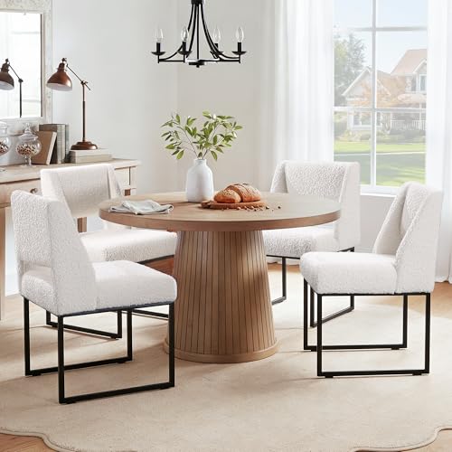 Image of Zesthouse Upholstered Dining Chairs Set of 4, Modern Dining Room Chairs with 4.1 inch Thickened Cushion & Metal Legs, White Boucle Fabric Kitchen Chair with Padded High Back, Heavy Duty Kitchen Chair