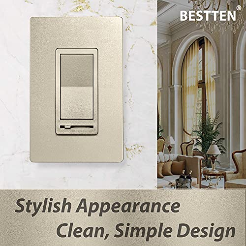 [10 Pack] Bestten Champagne Gold Dimmer Wall Light Switch With Wallplates, Single Pole Or 3-Way, Compatible With Dimmable Led, Cfl, Incandescent And Halogen Bulb, 120Vac, Ul Listed #TOP1