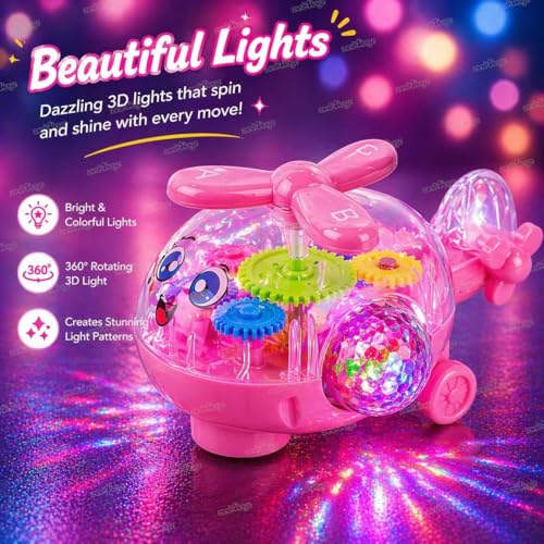 Image of Zest 4 Toyz Musical Toy Helicopter Toys for Kids with Flashing 3D Lights | Bump and Go | Battery Operated Electric Toy | Colorful Lights Transparent Gear Helicopter for Boys & Girls Age 3+ - Pink