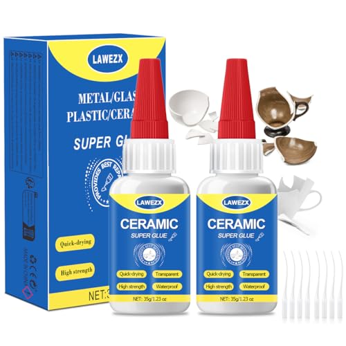 Pegamento para Cerámica 35g x 2, LAWEZX Pegamento Cerámica y Porcelana Líquido - Transparente, Impermeable, Resistente al Calor, Adhesivo Instantáneo Fuerte para Loza, Vajilla, Baldosas y Terracota
