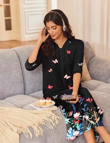 Ekouaer Women's Zipper Robe 3/4 Sleeves Housecoat Full Length Nightgown Soft Loungewear Robe with Pockets S-3XL3