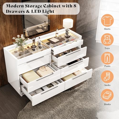Image of AMERLIFE 47.2 inch W 8 Drawer Dresser with LED Light & Glass Top, Modern High Gloss Storage Chest with 2 Jewelry Drawers, Storage Organizer for Bedroom, White