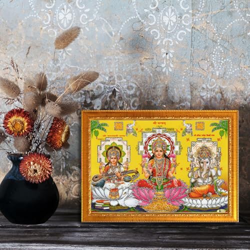 Image of CRAFT QUEST Lakshmi Devi with ganesh ji and saraswati mata Wall Painting Photo Frame for Diwali Pujan (Synthetic, Golden, Sparkle Finish, Small Size, 8 X 6 Inch)