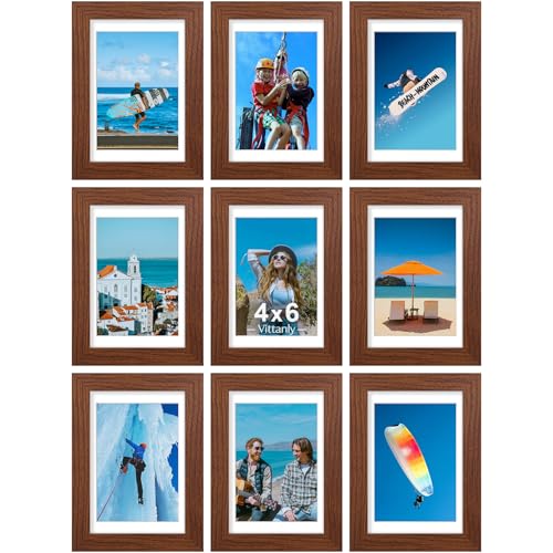 Vittanly 4x6 Picture Frames Set of 9, Wall & Tabletop, Wood Grain Brown