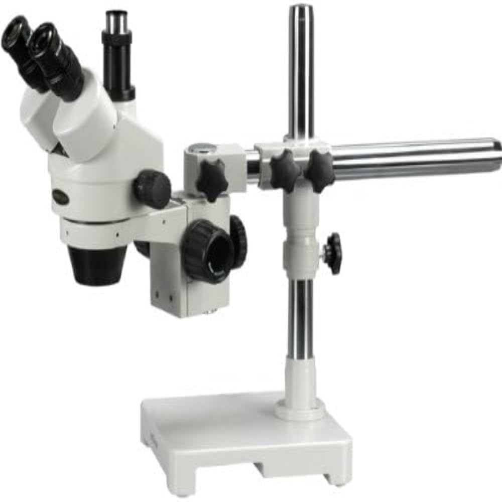 AmScope SM-3TZ Professional Trinocular Stereo Zoom Microscope, WH10x Eyepieces, 3.5X-90X Magnification, 0.7X-4.5X Zoom Objective, Ambient Lighting, Single-Arm Boom Stand, Includes 0.5X and 2.0X Barlow Lenses