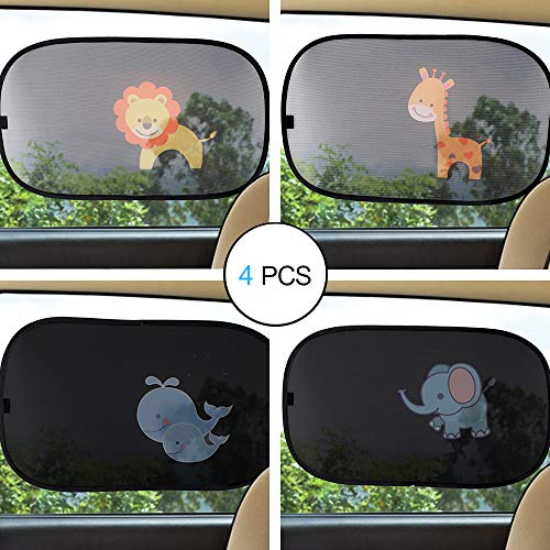 CITIGO Car Window Sun Shade (4 pcs) - Block UV Ray, Lighting and Glare, Protection for Baby and Kids - Cartoon Lion, Elephant, Giraffe and Whales - for Side Windows and Rear Windshield ONLY.