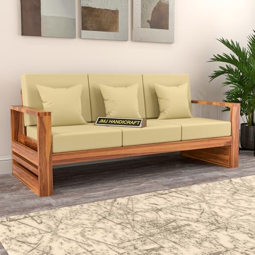 Image of Solid Sheesham Wood 3 Seater Sofa Set - with Pocket Storage Sofa | Elegant Living Room Furniture Wooden Sofa for Timeless Style (Design 20)