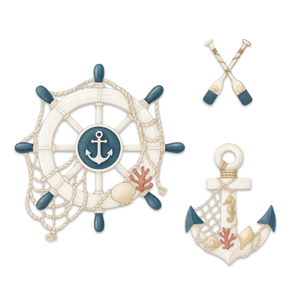 GOMAKERER 3 Pcs Wooden Nautical Wall Decor, Wooden Ship Wheel Anchor Rudder Oar Wall Art Vintage Nautical Coastal Theme Ornaments for Home Lake House Bedroom Bathroom Decor