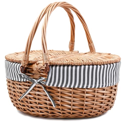 Opiniones de Cestas de picnic . 42 Cesta de picnic de mimbre con tapa y asa, cuerpo tela resistente con forro lavable, rayas grises
