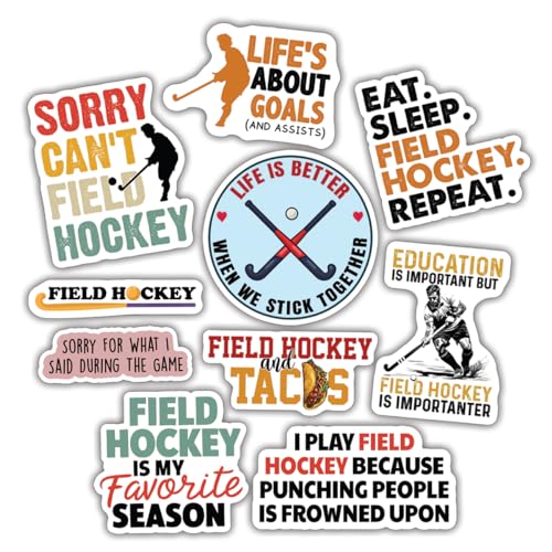 10pcs Field Hockey Sticker Sheet, Sporty and Cute Vinyl Decals for Players, Coaches, and Team Fans, Waterproof, UV-Resistant, for Laptop, Water Bottle, Journal, Notebook, Phone Case (Field Hockey)