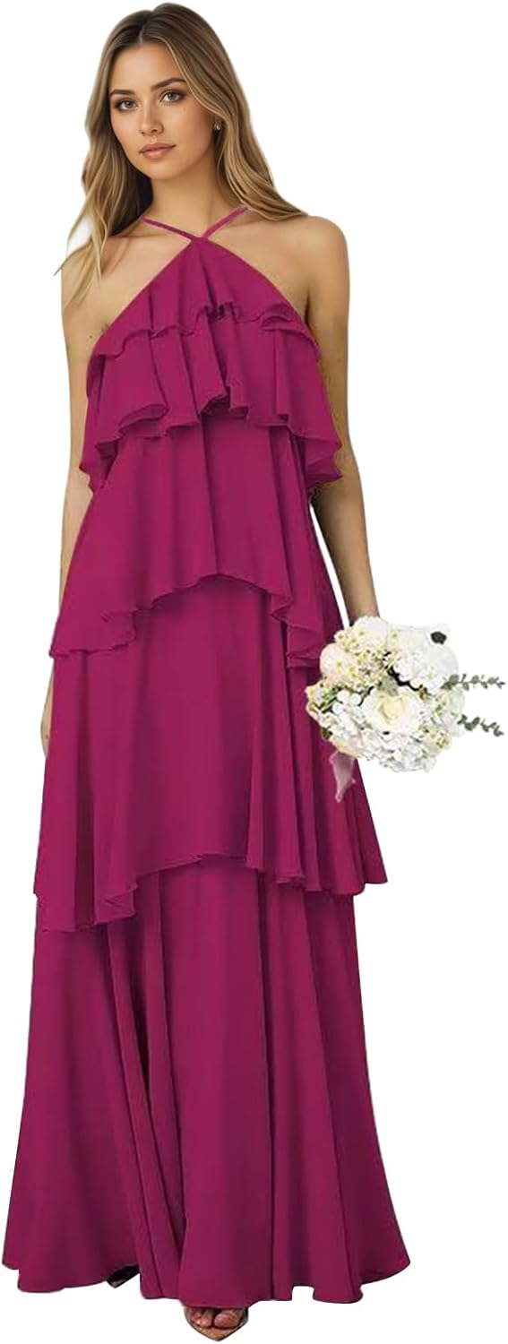 Fanciest Halterneck Chiffon Bridesmaid Dresses Long 2026 Tiered Formal Evening Gowns