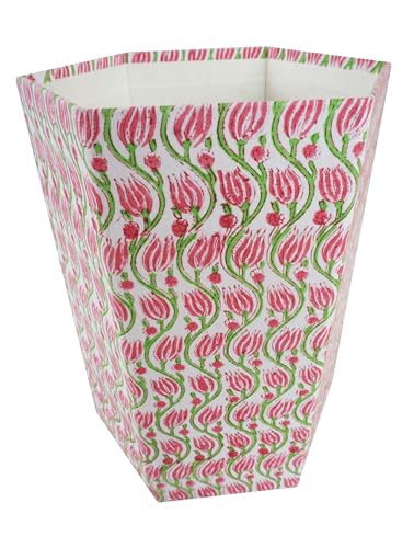 Image of Floral Hand Block Printed 3.3 Gallon Decorative Waste Basket - Eco-Friendly Cardboard Trash Can, Plastic-Free & Sustainable, Perfect for Christmas and Housewarming Gifts (1, Pink Green LHARIYA)