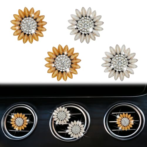 Image of Sunflower Air Vent Clips Car Accessories Bling Sunflower Air Freshener Outlet Clips for Women Car Interior Decorations Cute Flowers Cars Clips Air Fresheners Interior Accessories (4, Yellow and Beige)