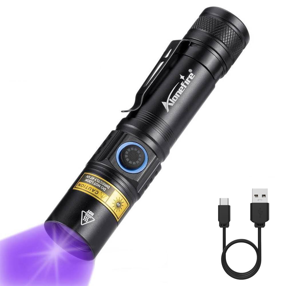 Alonefire SV38 5W 365nm Professional UV Torch Light USB C Rechargeable Black Light Ultraviolet Woods Lamp Money Checker Pet Urine Detector for Resin Curing, Scorpion, Minerals, Bed Bug with Battery
