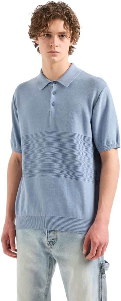 Armani Exchange Mens Combed Cotton Knit Polo with Horizontal Stripe Detail