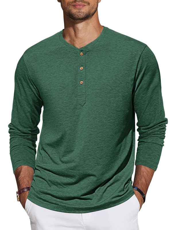 TARAINYA Henley Shirt Herren Baumwolle T-Shirt Langarm Einfarbig mit 3 Knopfleiste Grün L