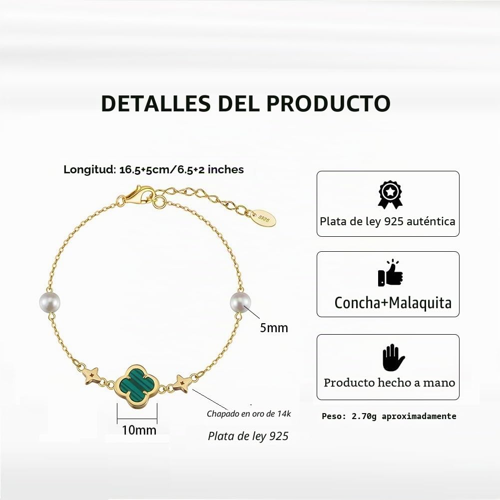 Pulsera de trébol para mujer, pulsera ajustable de plata de ley con perla y malaquita para novia, pulseras de la amistad, regalos para mujeres